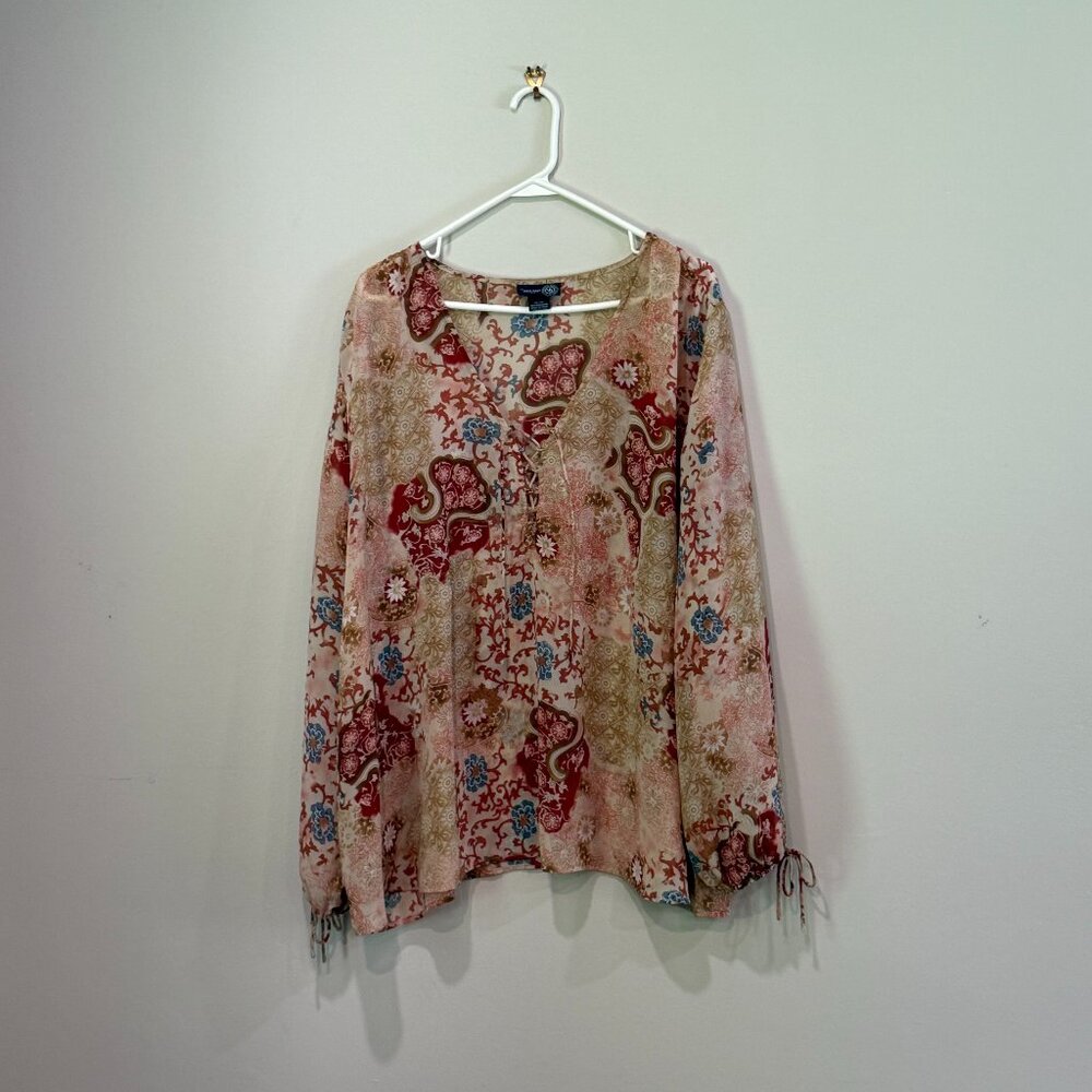 Venezia Sheer Paisley Floral V-Neck Blouse in Pink and Red